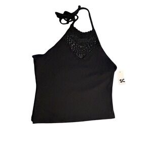 NWT SO Women Black Ribbed Halter Top Crochet Lace Neck Soft Goth Witchy Large